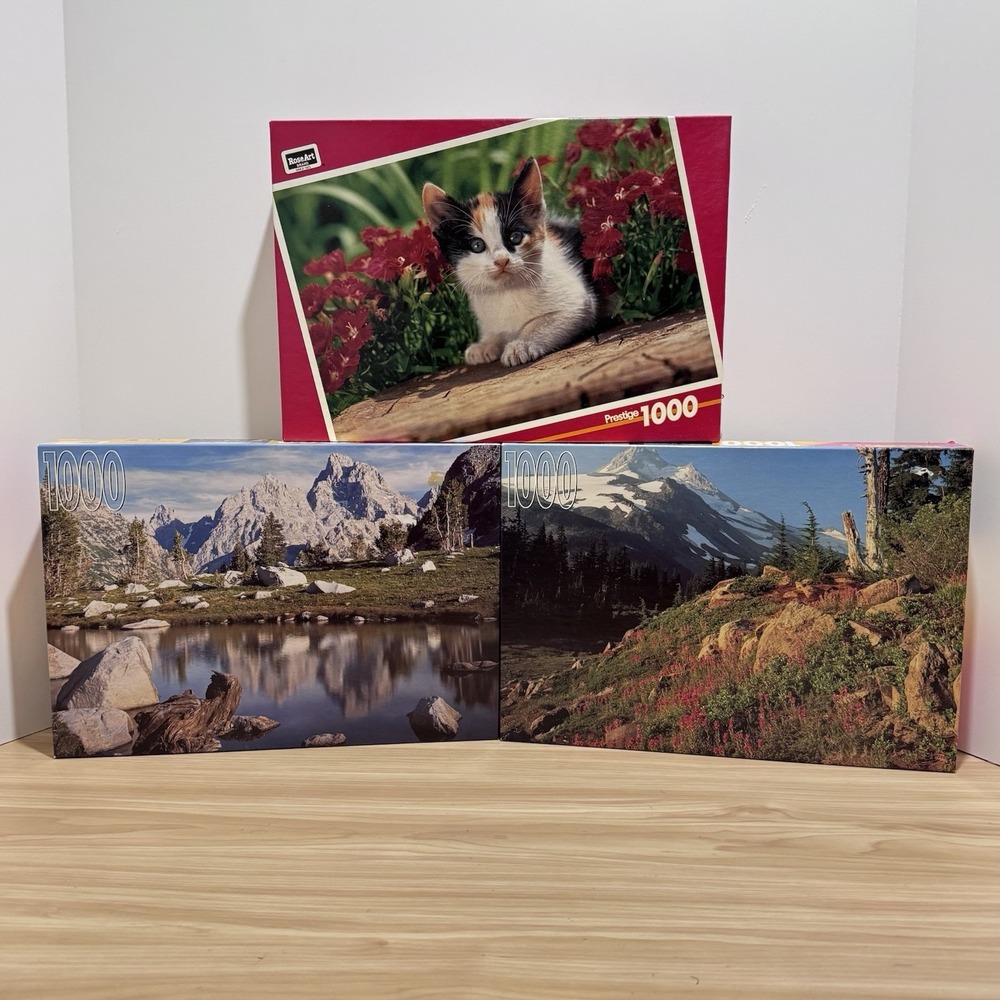 VTG RoseArt 1000 Piece Puzzle Lot Cascade Canyon Wyoming FANCY FACE Mt Jefferson